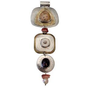 Sterling Coral Garnet Pearl Multi Piece Dangle Pendant Signed E867